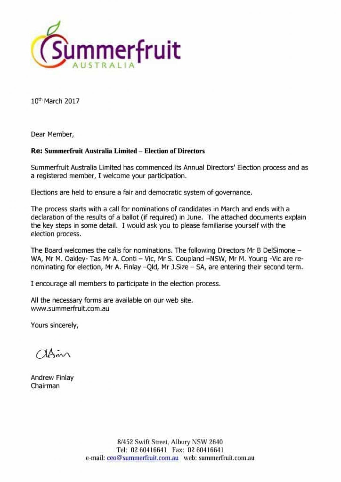 1a - Election letter Chairman 2017 - Summerfruit Australia - Thumbnail