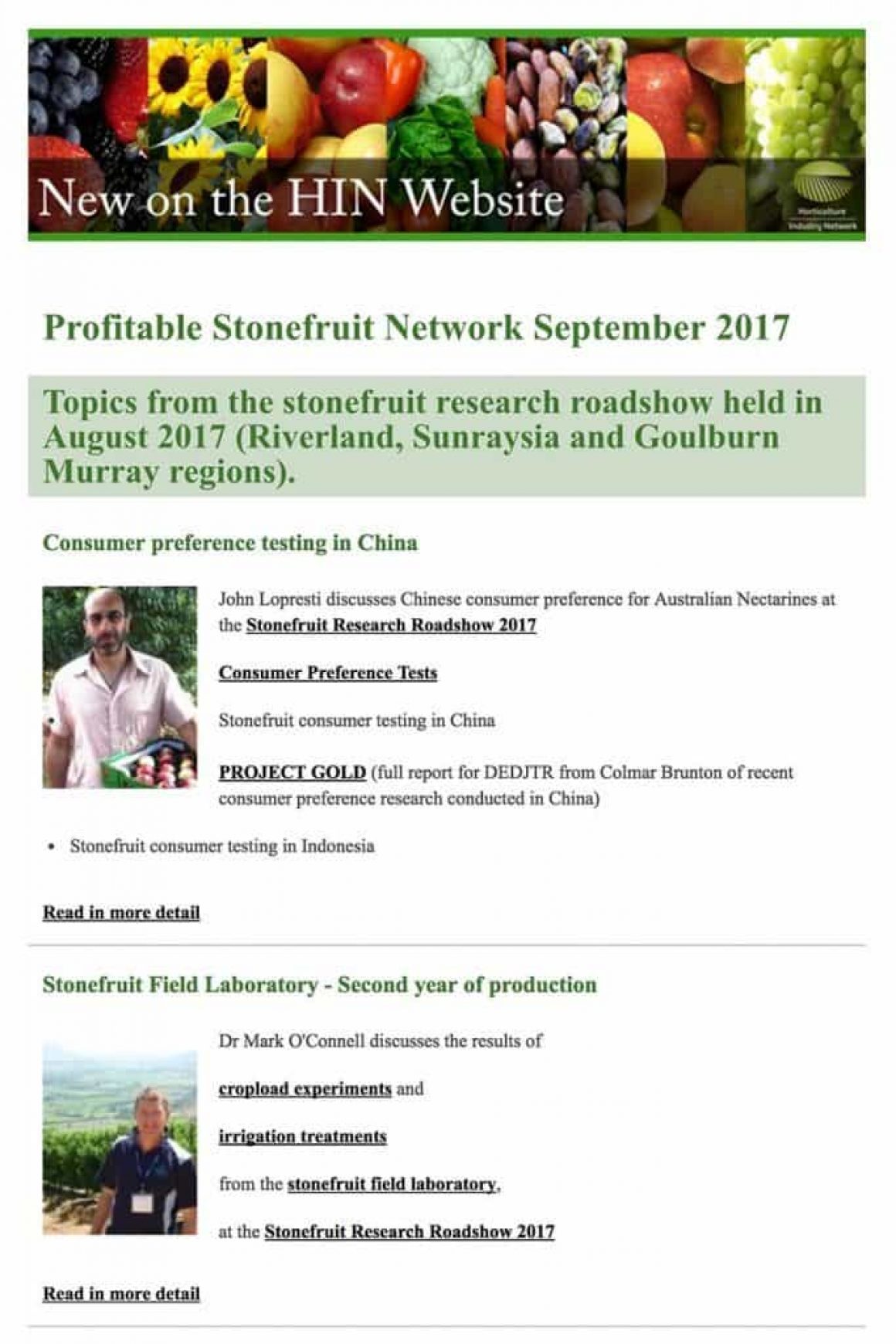 Profitable Stonefruit Network Newsletter - September 2017 - Summerfruit Australia