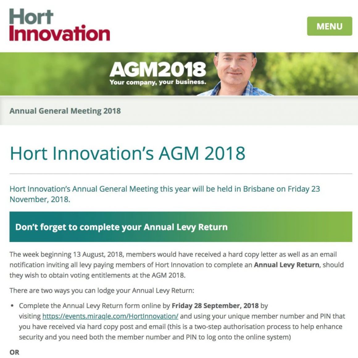 Hort Innovations AGM Aug 2018 update - Nov 2018 event