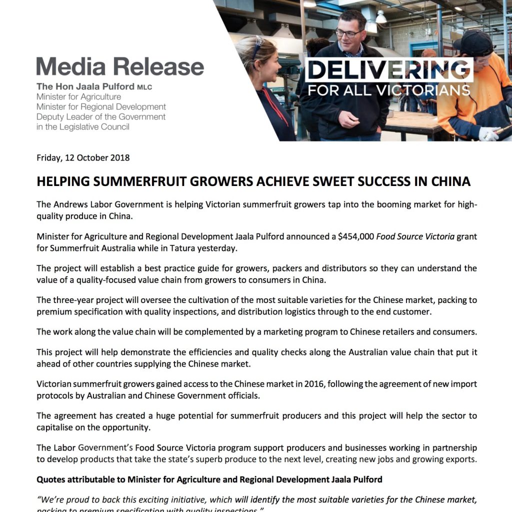 News Summerfruit receives Victorian Government grant - 2018-10-12 News Summerfruit receives Victorian Government grant - 2018-10-12