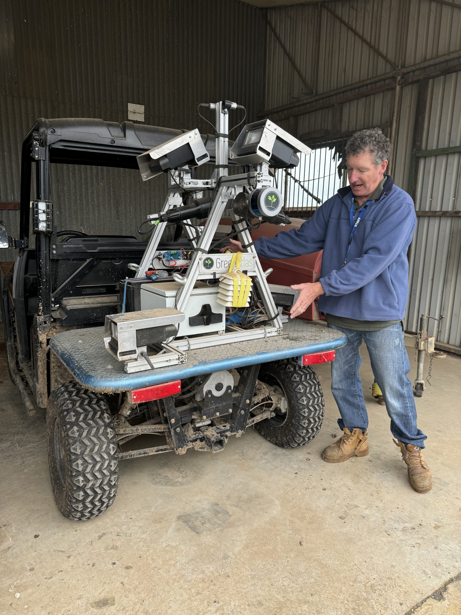 Dr Mark O'Connell from Agriculture Victoria shows of the Green Atlas Cartographer at the Tatura Smart Farm